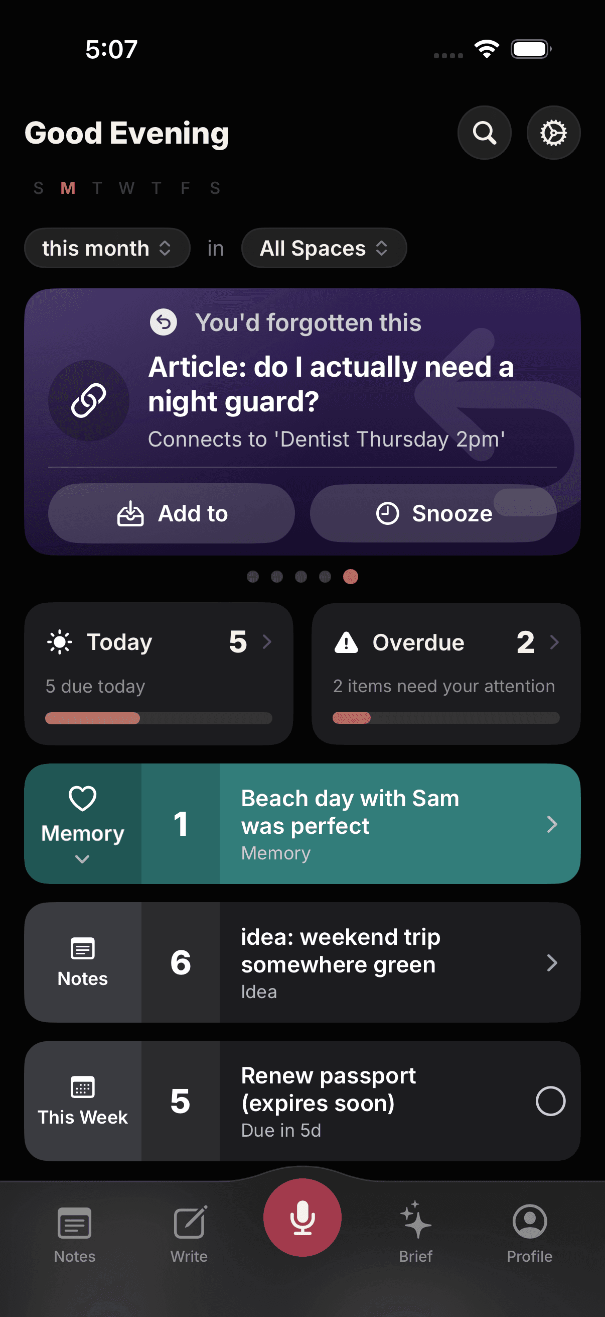 The Pomnote home: a saved article resurfacing on its own and connecting itself to an upcoming dentist appointment, with today, overdue, and this week at a glance.